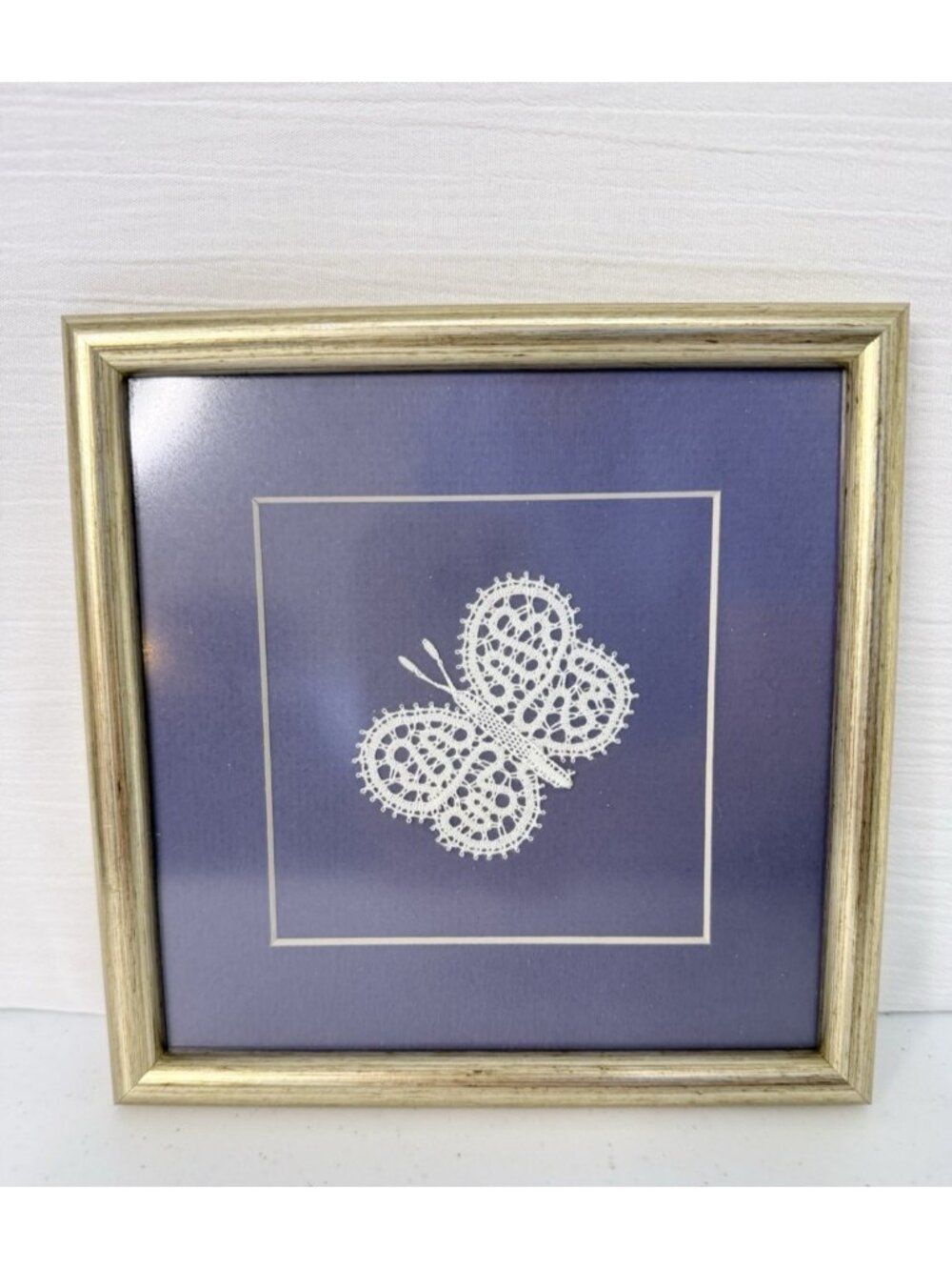 Wall Art Crochet Butterfly On Matted Blue Background Gold Tone Frame Slovenija